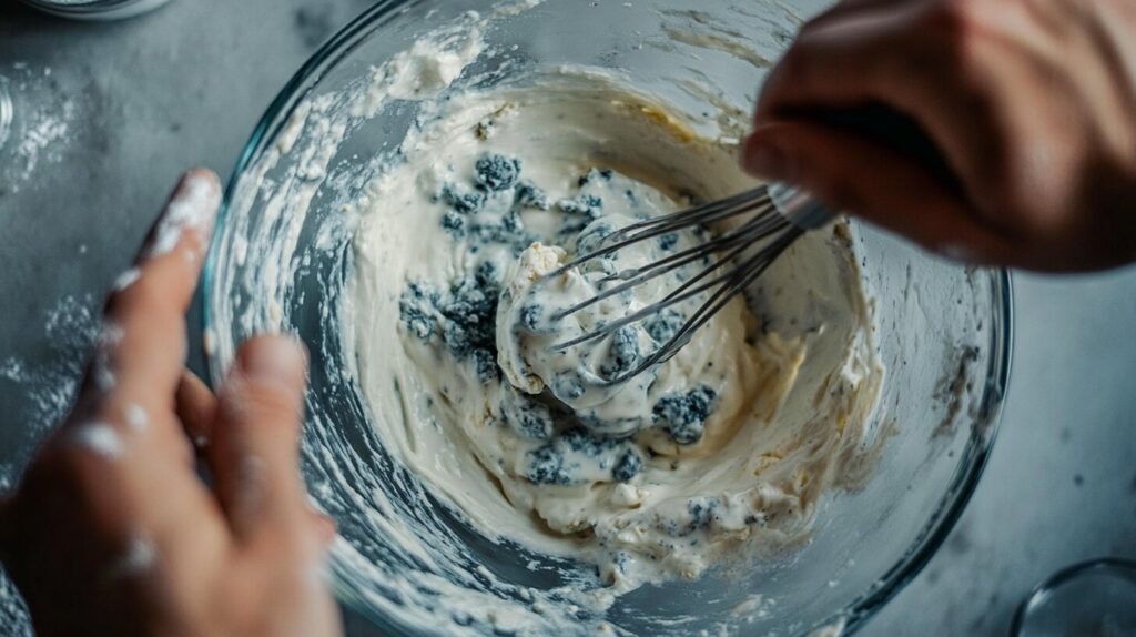 A chef mixing blue cheese dressing in a glass bowl.