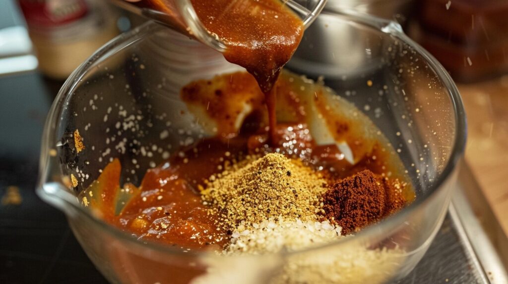 A close-up of spices being added to a mixing bowl.