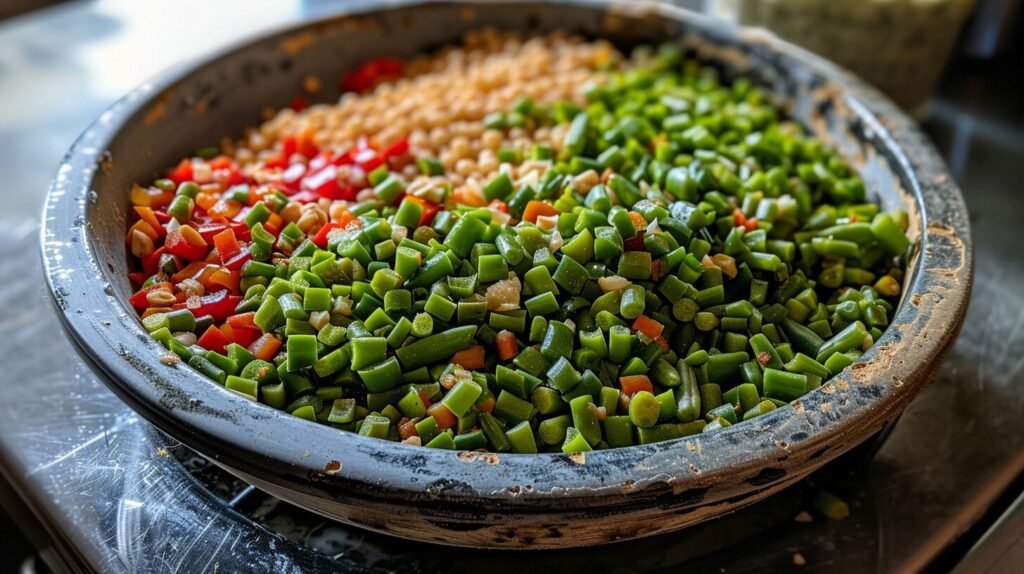 A balanced mix of chicken feed and vegetable treats.