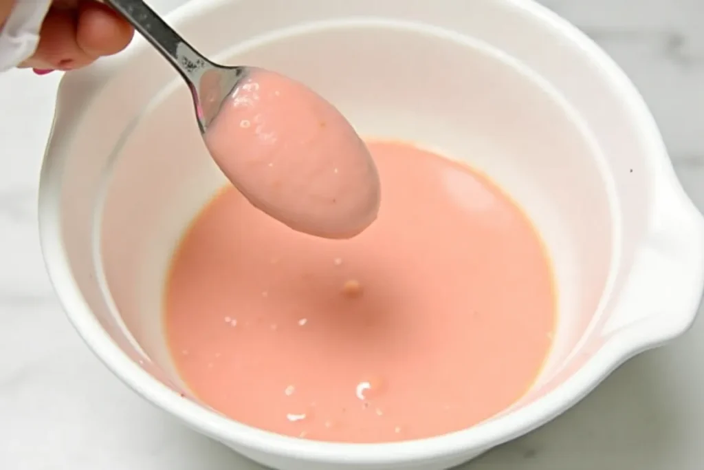 A close-up of ketchup and ranch being mixed.