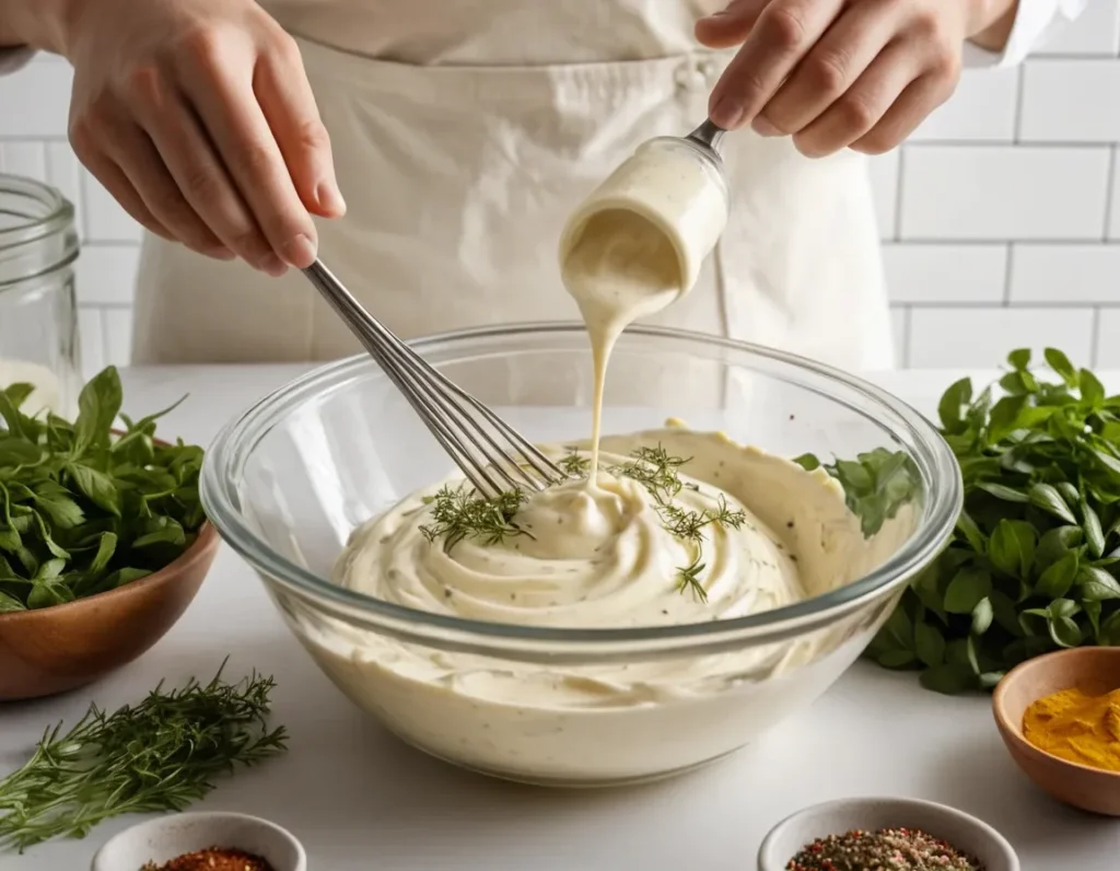 Whisking Outback Ranch dressing ingredients in a bowl