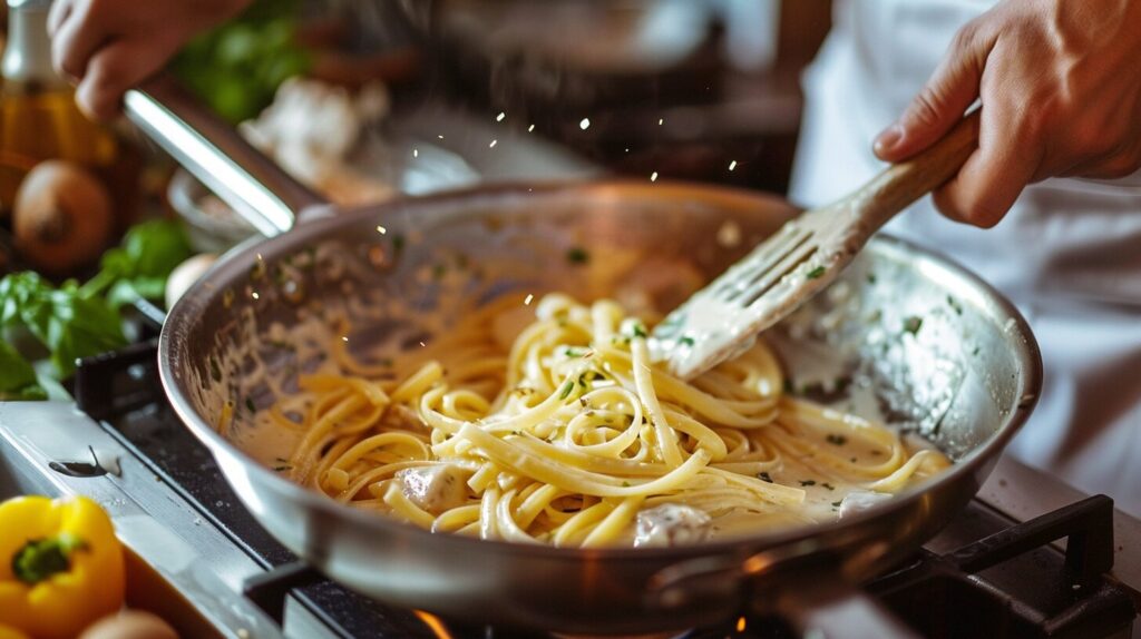 A chef tossing Alfredo sauce with spaghetti in a pan.