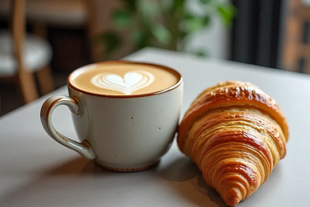 A cup of latte art coffee with a croissant on the side.