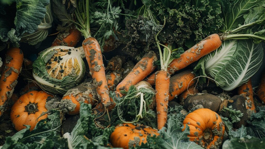 Moldy vegetables like carrots and lettuce with visible rot, surrounded by a warning message.