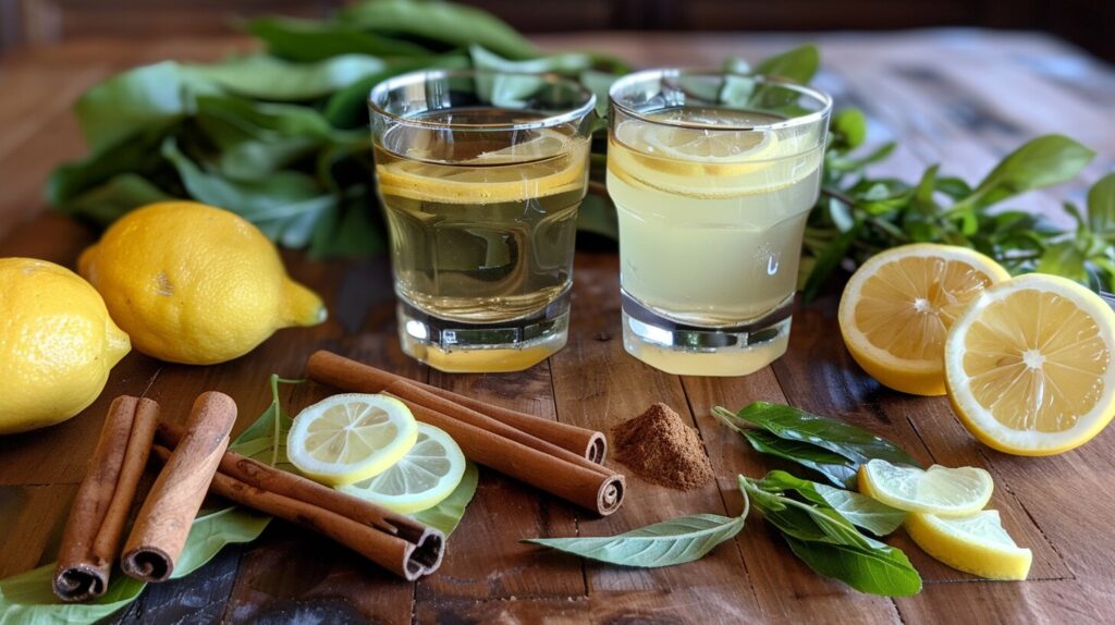 A glass of green tea, lemon water, and cinnamon tea with fresh ingredients like lemons, cinnamon sticks, and green tea leaves on a rustic wooden table.