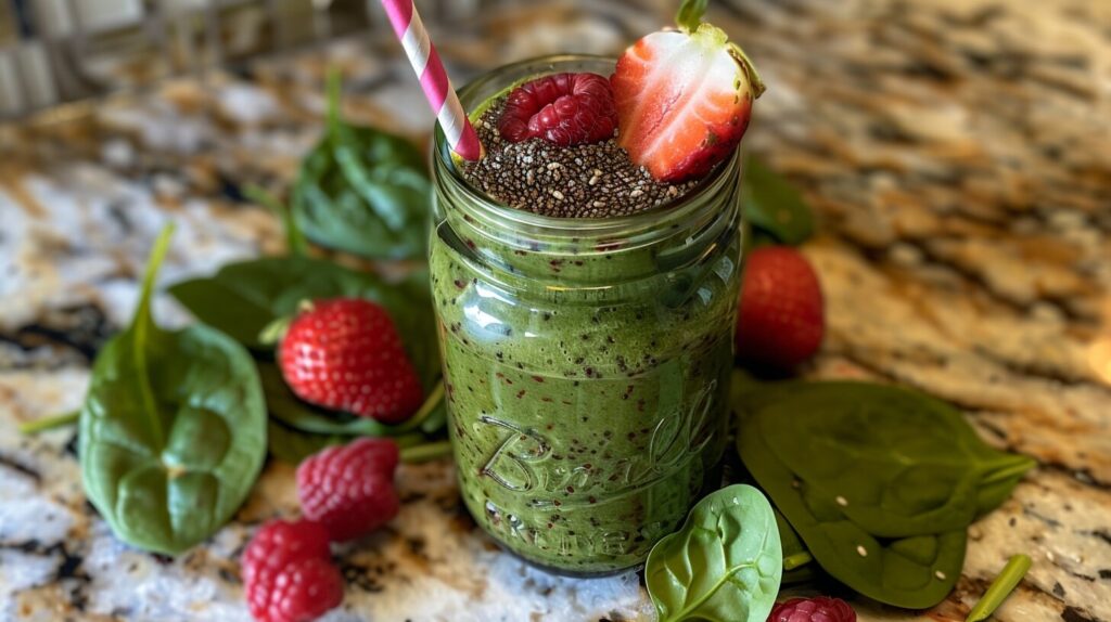 A vibrant smoothie made with spinach, berries, and chia seeds, served in a glass jar with a striped straw.