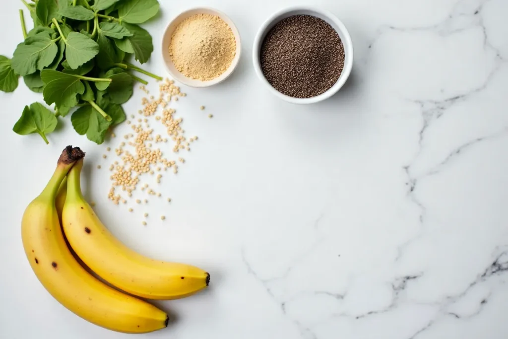 Ingredients for a breakfast smoothie, including bananas, spinach, and protein powder.Banana Shot