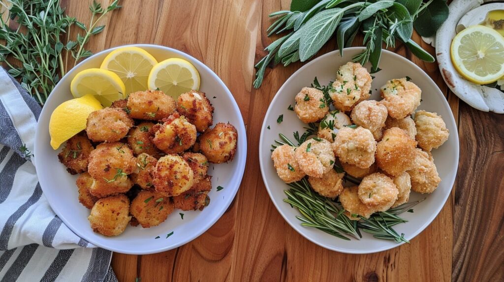 A nutritional chart comparing fried and baked scampi bites with their ingredients