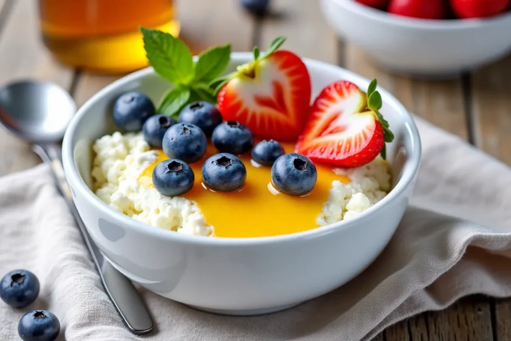 A bowl of cottage cheese topped with fresh berries and honey