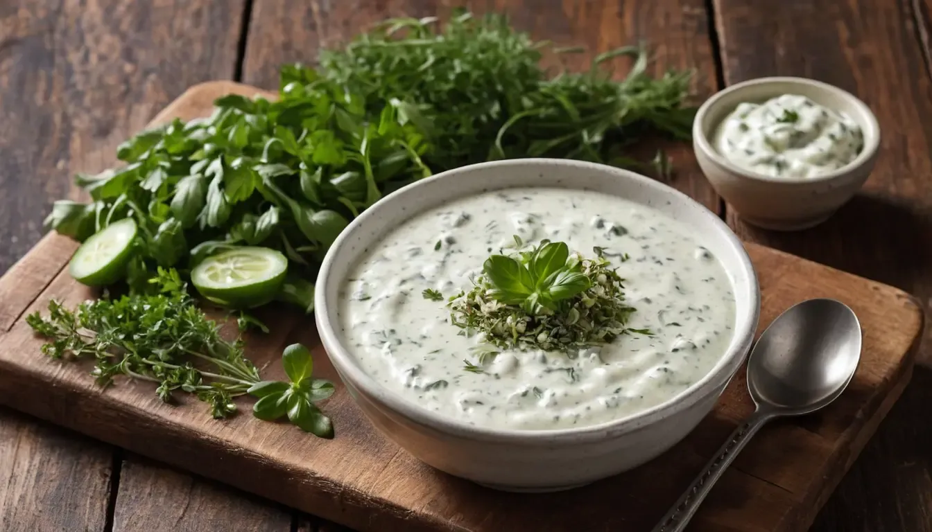 A bowl of creamy Outback Ranch dressing with herbs and a spoon