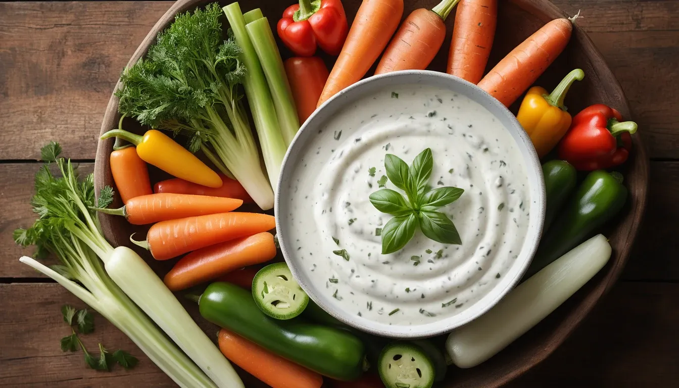 Outback ranch dressing in a small bowl surrounded by fresh vegetables