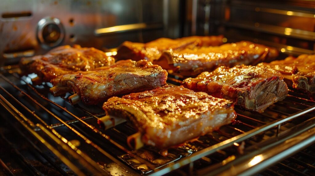 Beef country ribs baking in an oven.