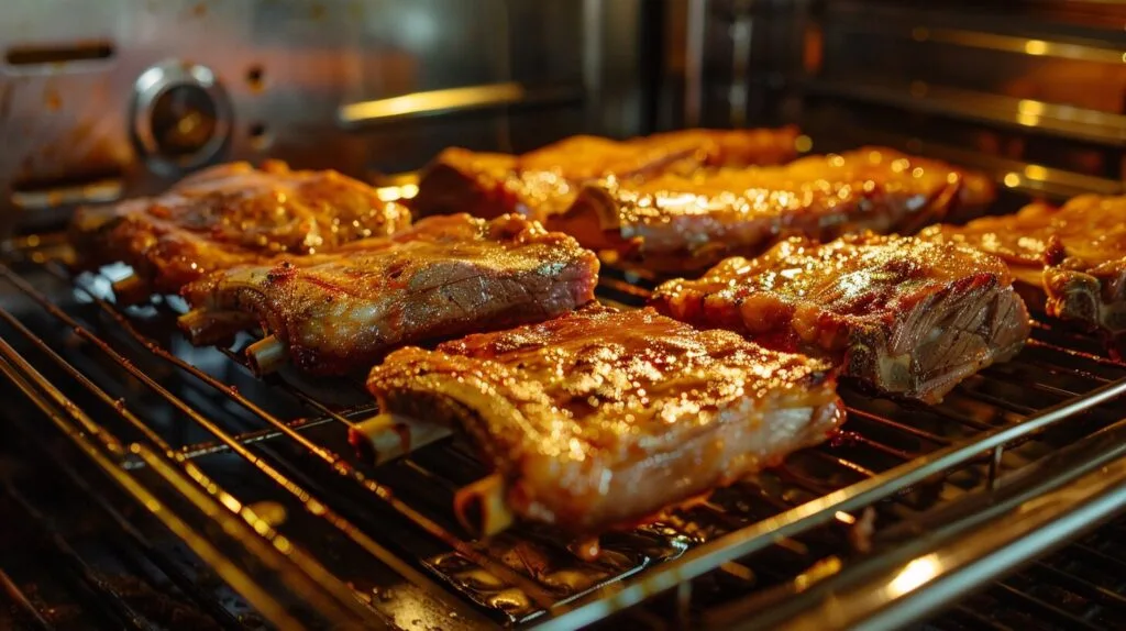 What temperature should beef country ribs be cooked at? Beef country ribs baking in an oven.