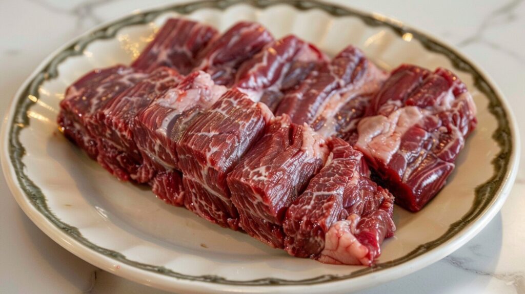 Overcooked boneless beef short ribs with a dry, tough appearance.