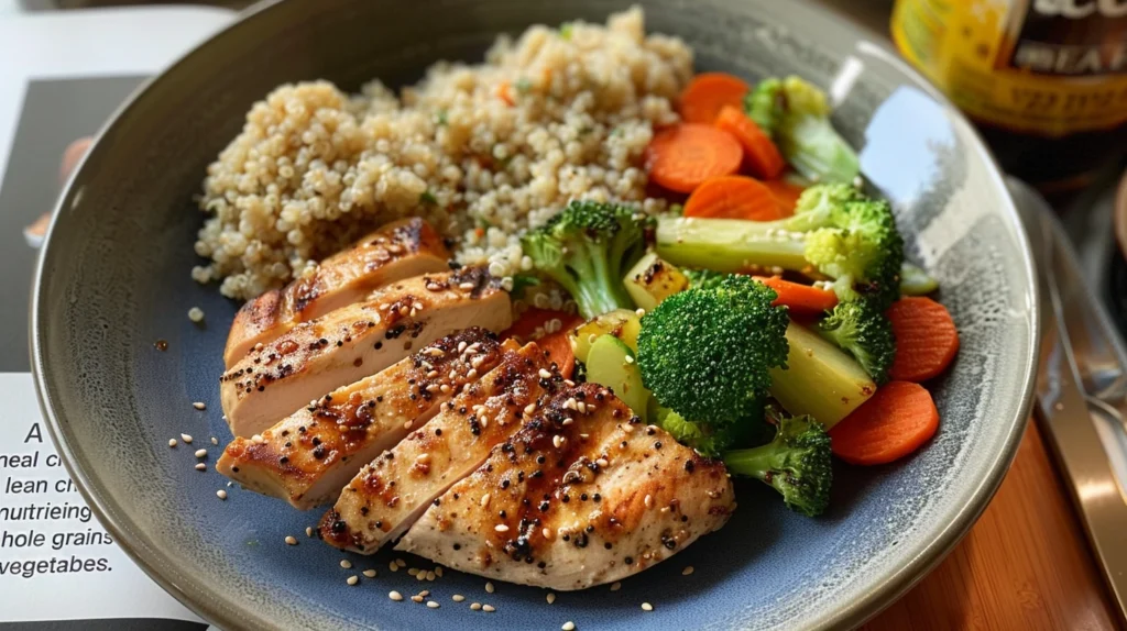 A balanced meal featuring grilled chicken breast, quinoa, and steamed vegetables like broccoli and carrots.