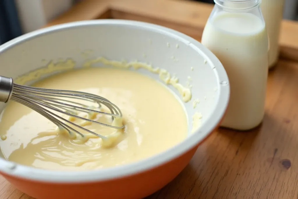 A mixing bowl filled with pancake batter, a whisk, and a carton of buttermilk.