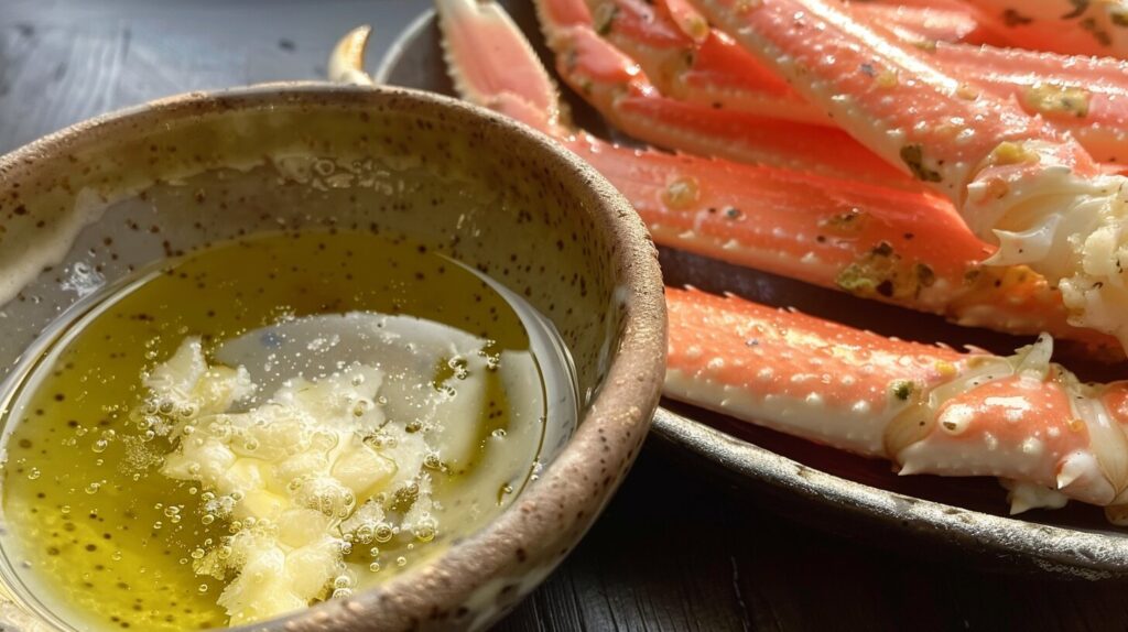 Crab legs with clarified butter in a small bowl