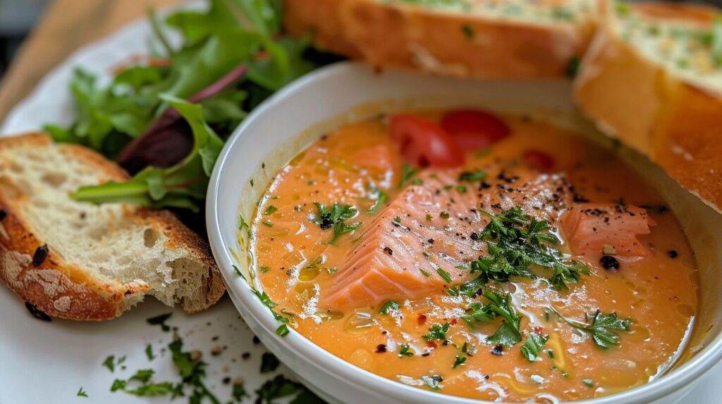 Salmon soup served with bread and salad.