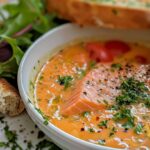 Salmon soup served with bread and salad.