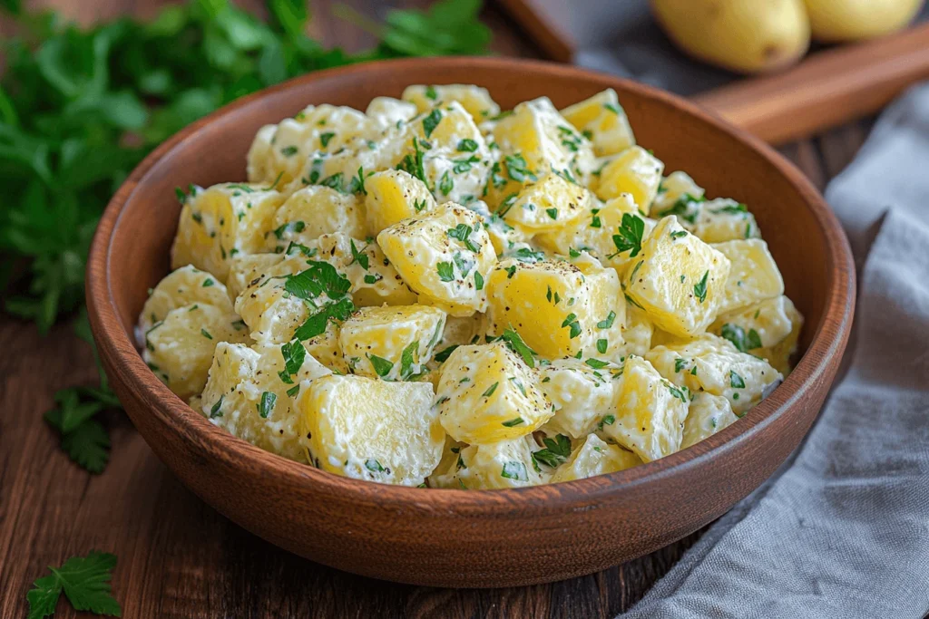 Bowl of perfectly prepared potato salad with herbs