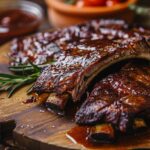 Beef country ribs cooked to perfection on a wooden platter.