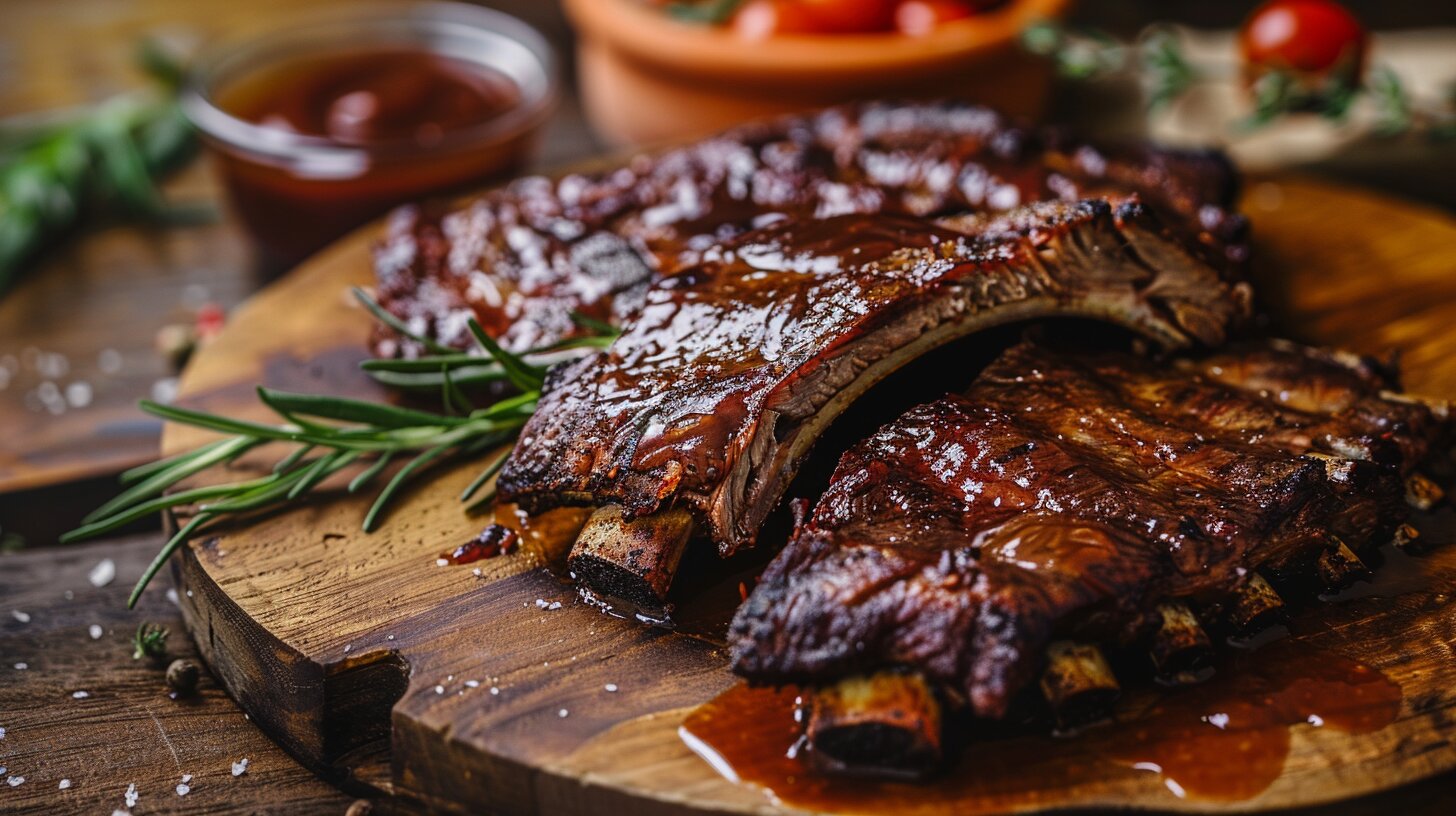 Beef country ribs cooked to perfection on a wooden platter.