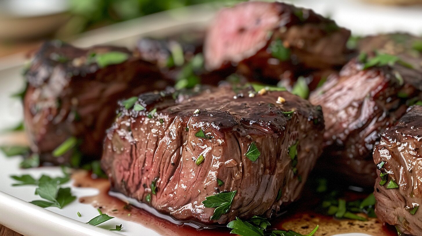 Close-up of perfectly cooked boneless beef short ribs on a white plate garnished with herbs.