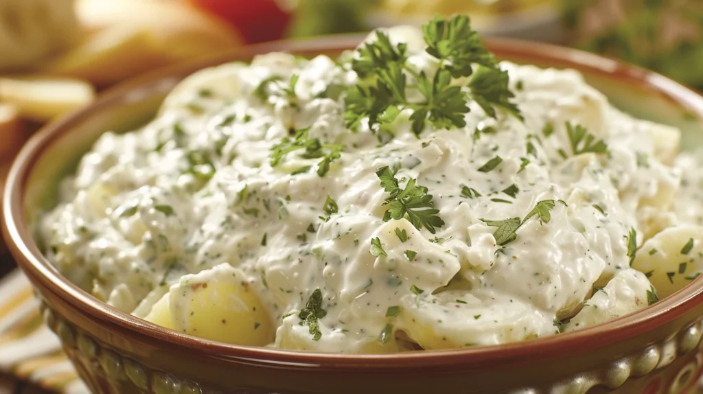 Prepared potato salad with creamy dressing and herbs.