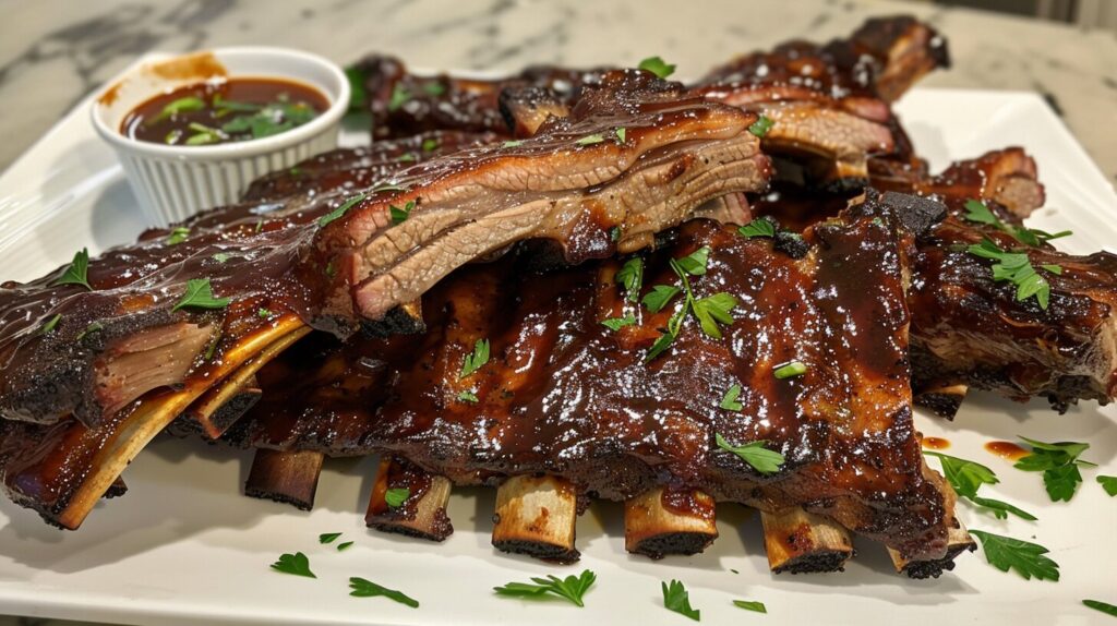 Country-style beef ribs garnished with fresh herbs and served on a platter.