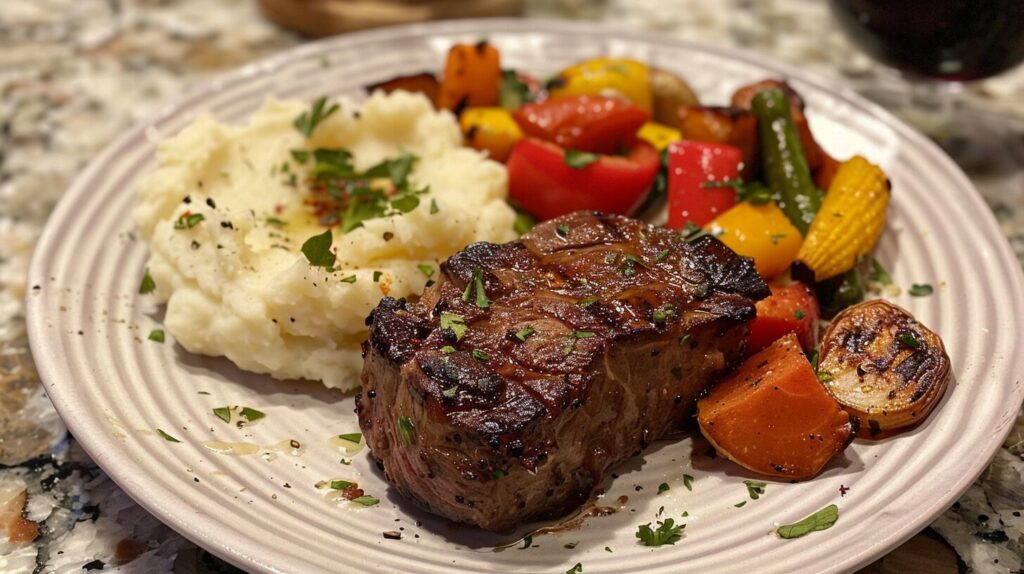 Boneless short ribs served with mashed potatoes and roasted vegetables