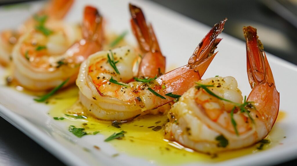 Shrimp scampi served over linguine on a white plate.