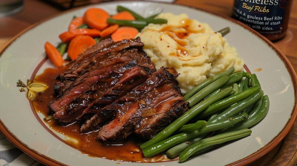 Sliced boneless beef ribs plated with mashed potatoes and vegetables.