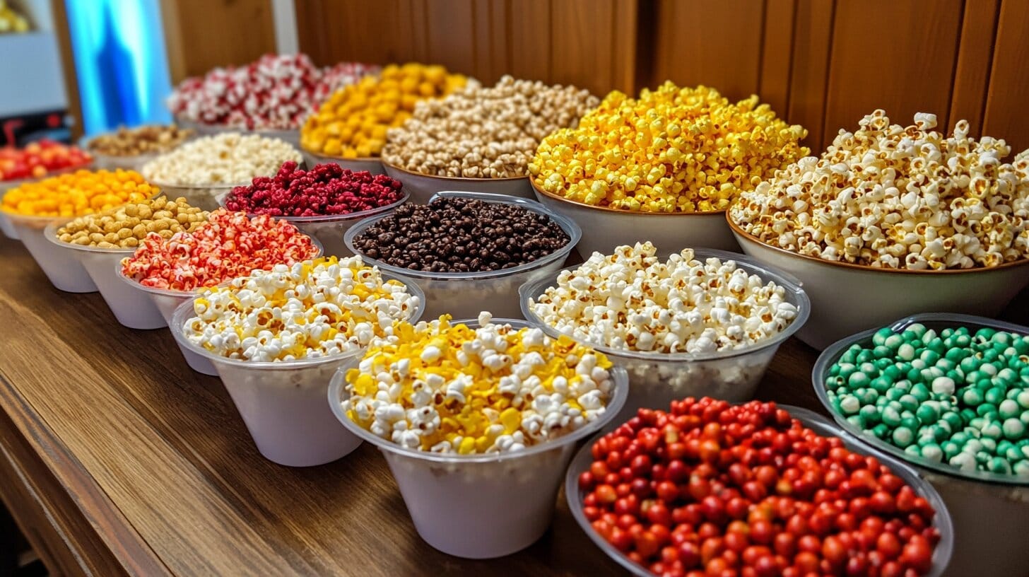 Party popcorn bar with assorted flavors and toppings.