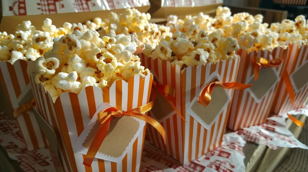 Popcorn party favor bags with ribbons and labels.