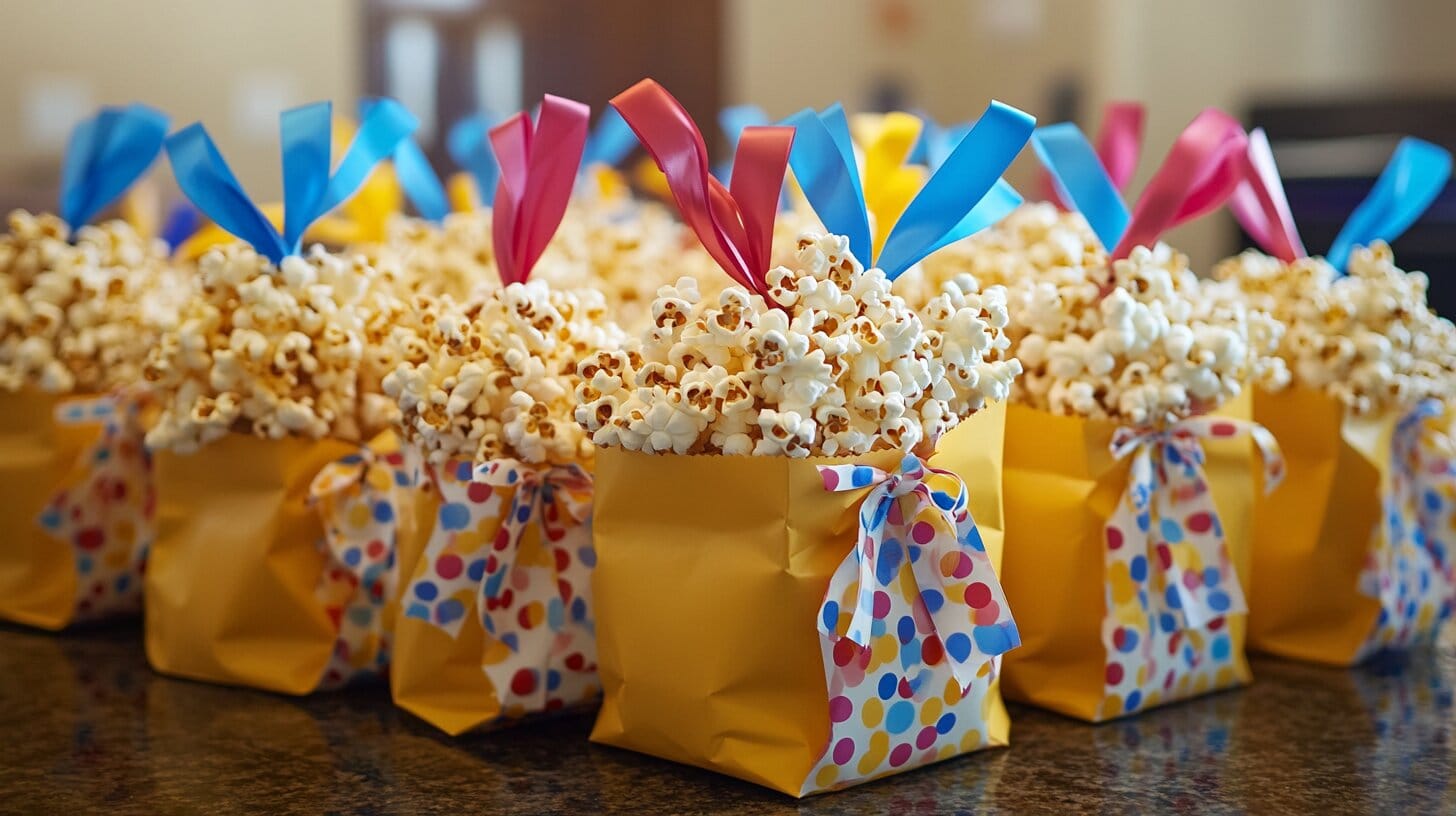 Birthday popcorn packaged in small gift bags with ribbons.