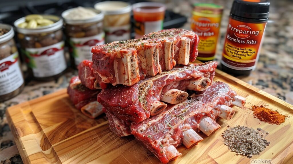 Raw boneless beef ribs on a cutting board, ready for seasoning