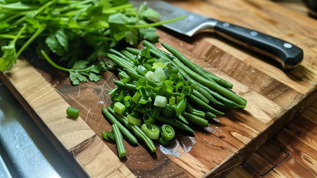 Green beans placed on a wooden chopping board.