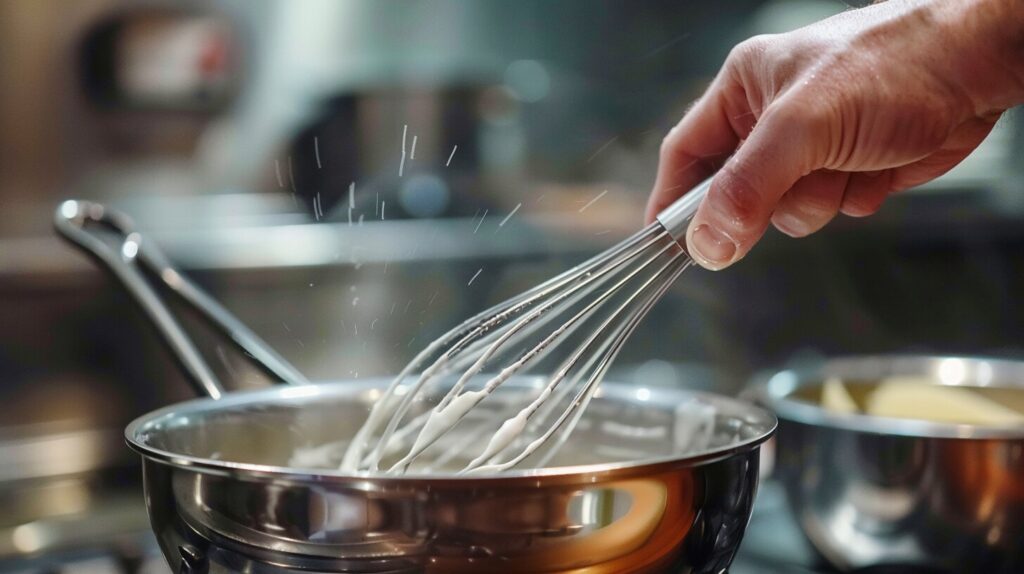 A whisk mixing a roux in a saucepan.