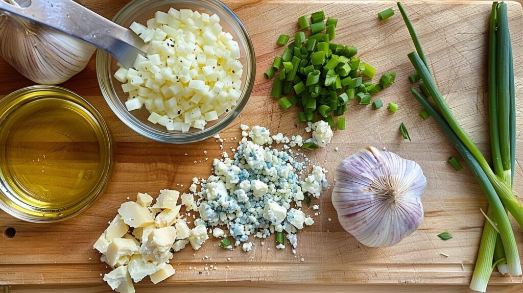 Measured ingredients for blue cheese sauce on a cutting board.