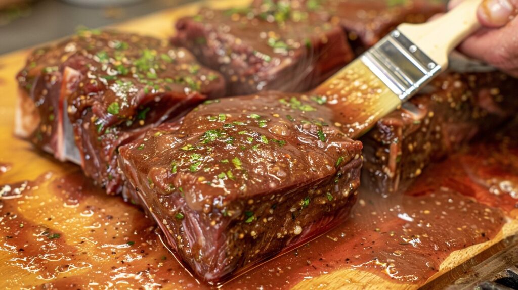 A chef applying a marinade to boneless short ribs.