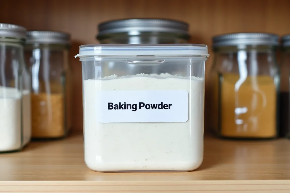 Baking powder stored in an airtight container on a pantry shelf.