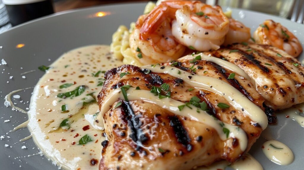 Grilled chicken and shrimp on a plate with Alfredo sauce.