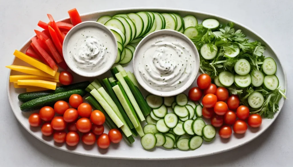 Ranch dressing with vegetable sticks like carrots and celery on a serving platter