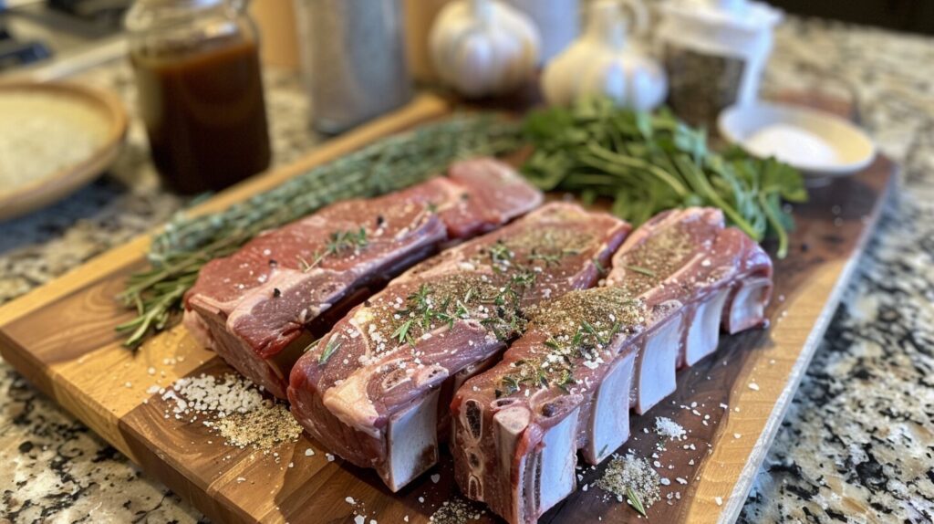 Raw short ribs on a butcher's board with seasoning.