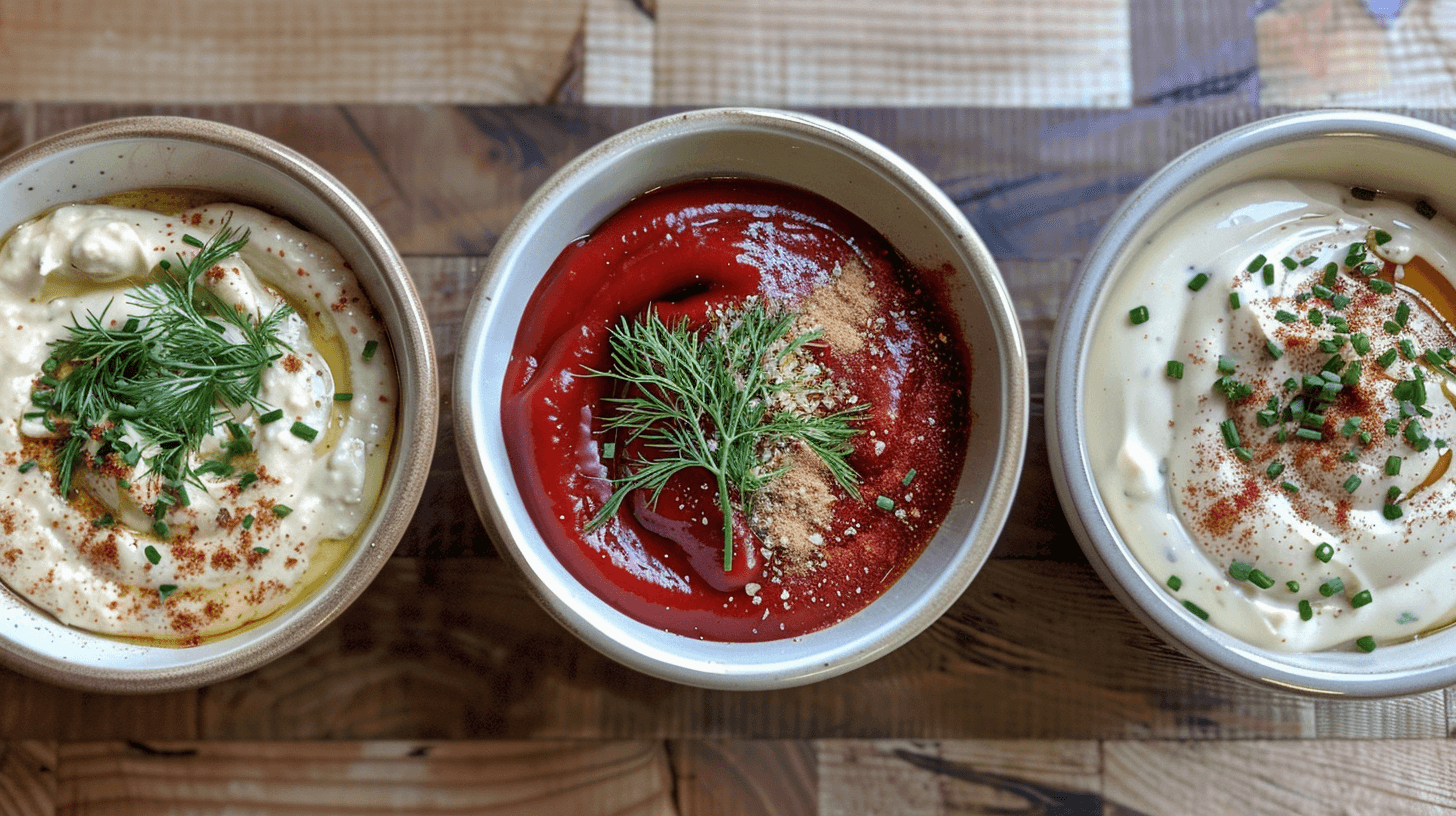 Three bowls of ketchup and mayo dressing, each with unique toppings: chili powder for a spicy kick, fresh dill for a herb-infused version, and smoked paprika for a smoky flavor.