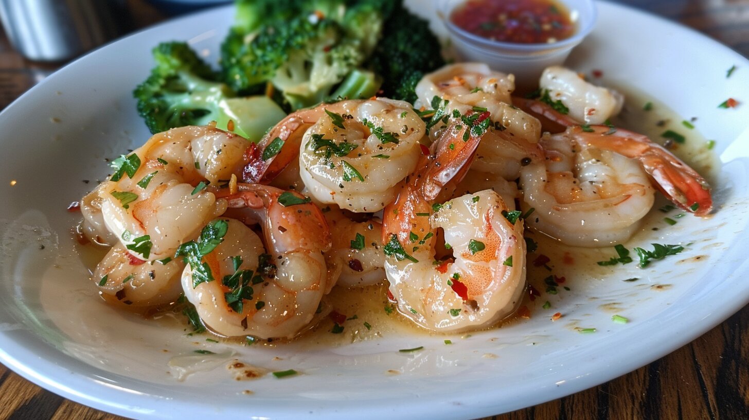 A serving of Red Lobster's Shrimp Scampi with plump shrimp in a garlic butter sauce, garnished with parsley and paired with broccoli.