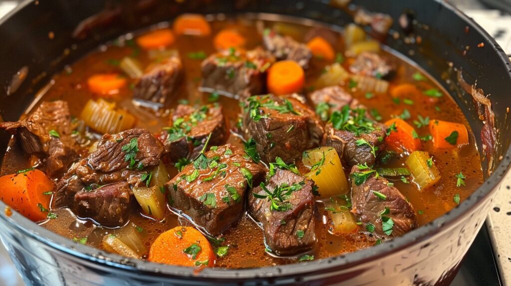 A pot of simmering beef stock made from tenderloin trimmings and fresh vegetables.