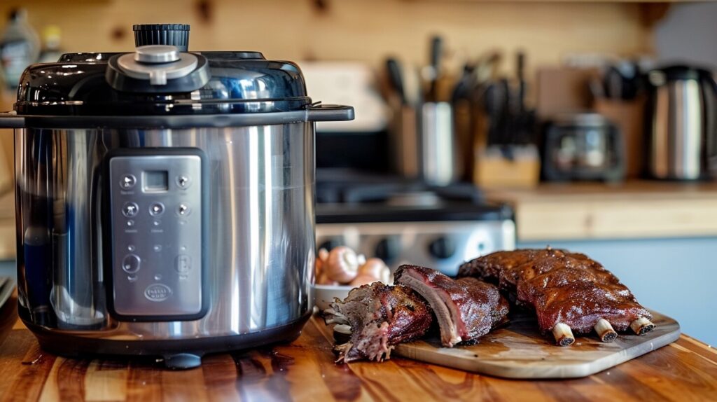 A pressure cooker and a smoker side by side with prepared ribs. Title: Equipment for Making Tender Ribs