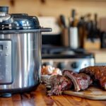 A pressure cooker and a smoker side by side with prepared ribs. Title: Equipment for Making Tender Ribs