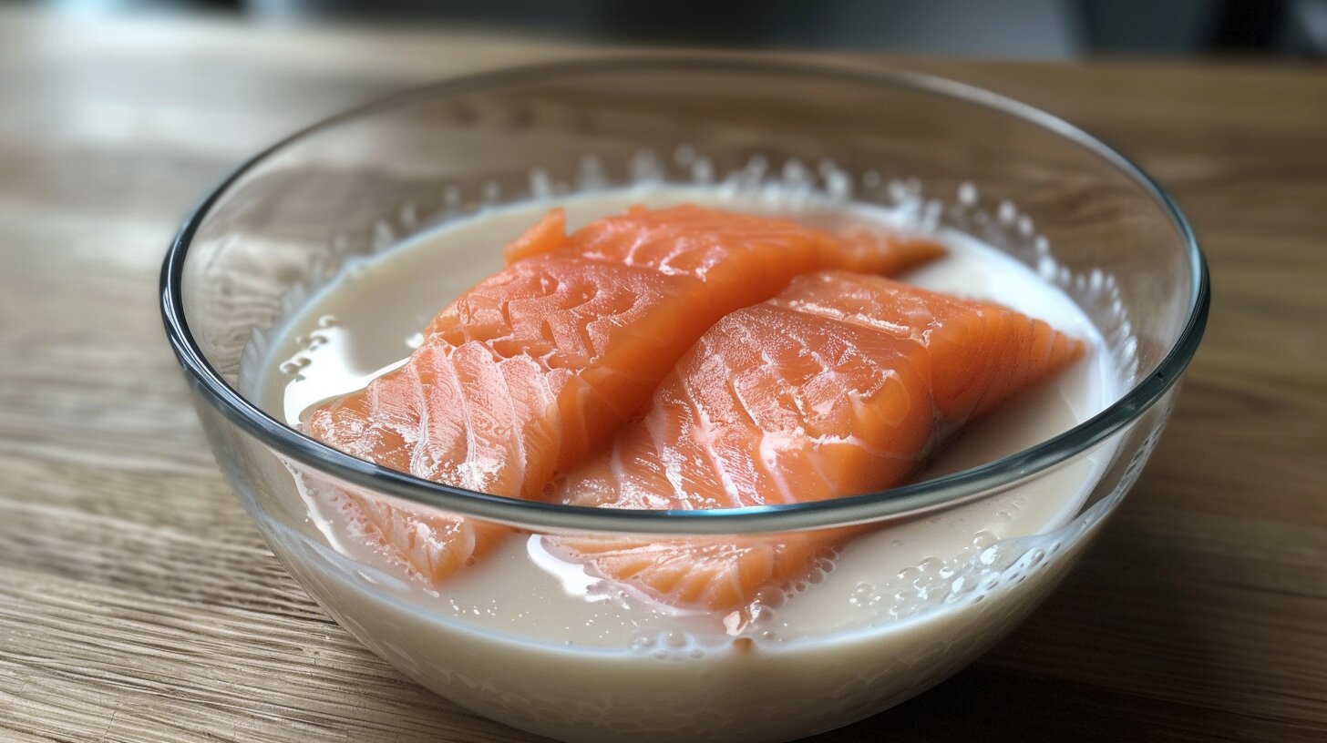 Fresh salmon fillet soaking in a bowl of milk.